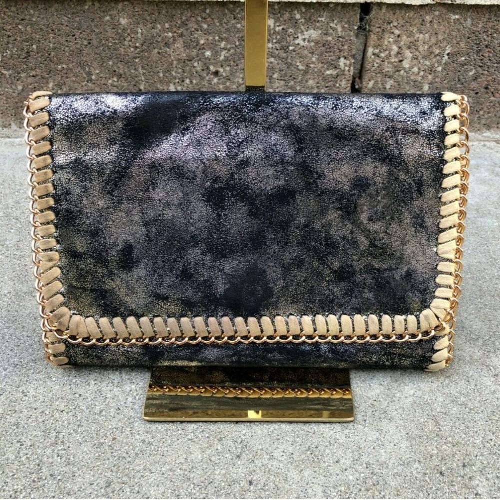 Phase 3 Black and Cream Clutch with Chain Trim